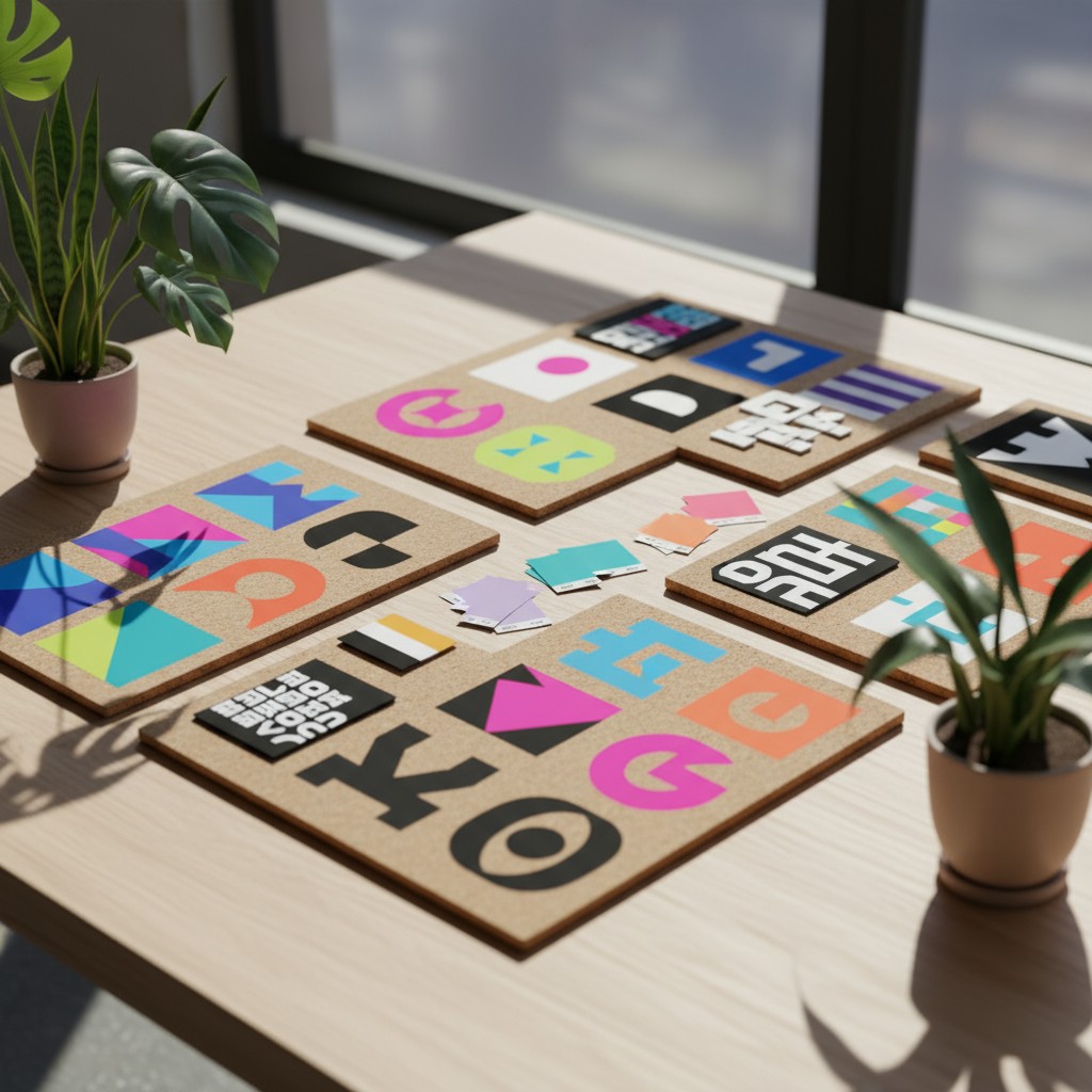 Una mesa de trabajo con chorros de medias plantas y una variedad de piezas blandas para organizar letras.
