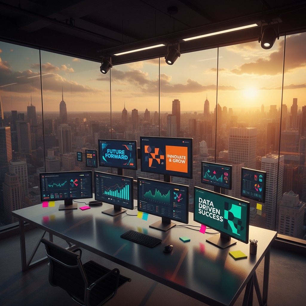 Office cubicle with a panorama skyline view equipped with computers and data charts.