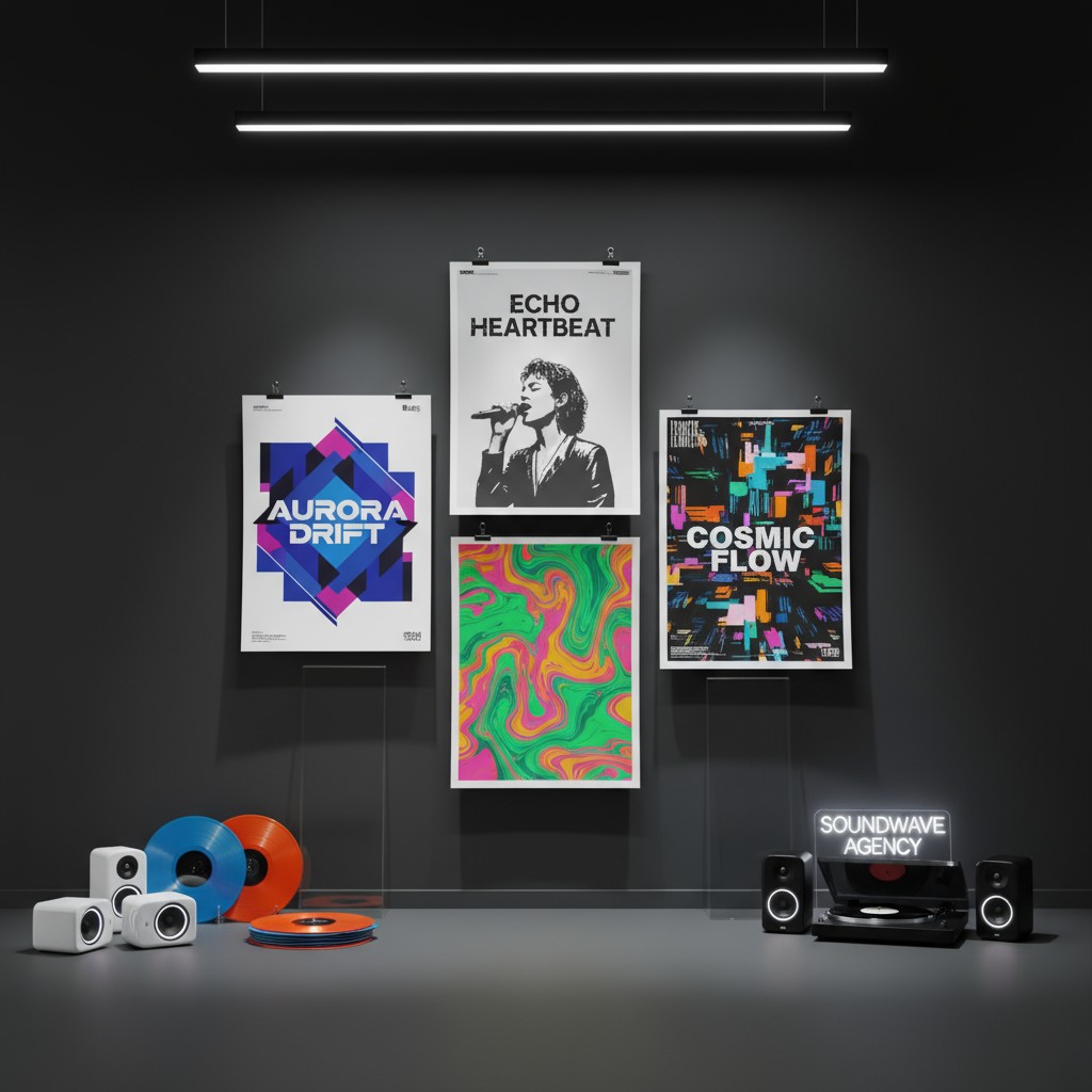 Un composición de una galeria de artística con varios posters, imagenes de vinilos y un reproductor de vinilos, sobre un f...